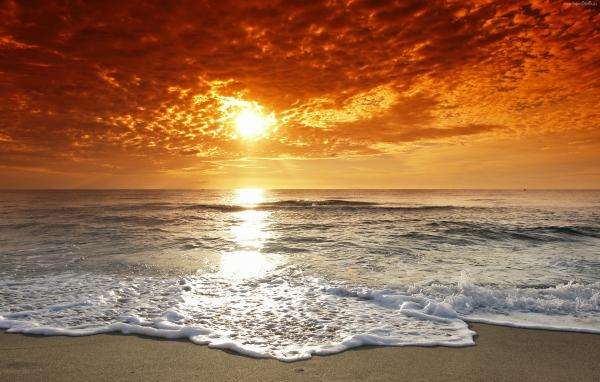Morze, zachód słońca, fale puzzle online