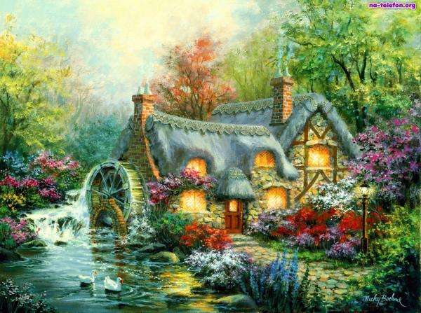 młyn, ogród, rzeka, dom puzzle online