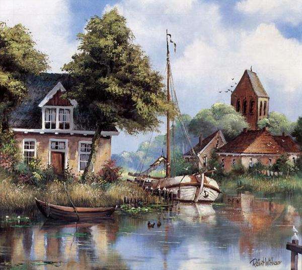 domy nad rzeką i łódka puzzle online