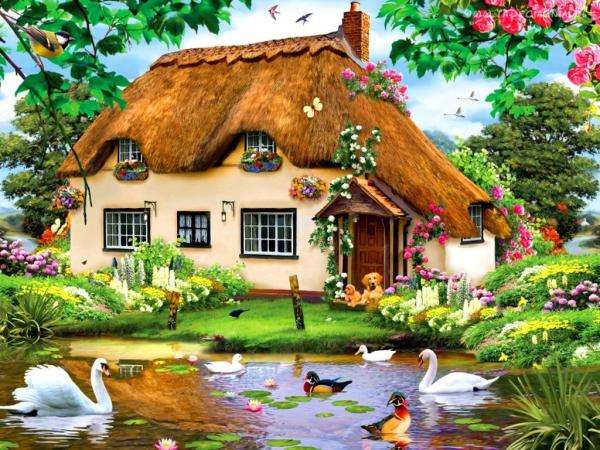 dom ogród łabędzie kaczki puzzle online