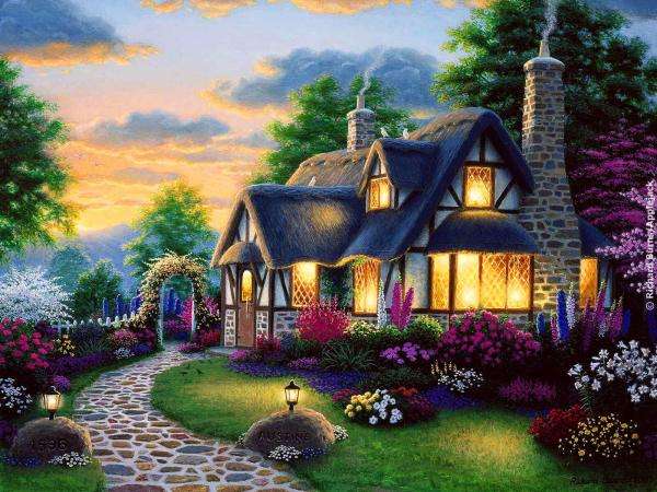 oświetlony dom w ogrodzie puzzle online