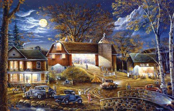stodoła,auta, domy,noc puzzle online