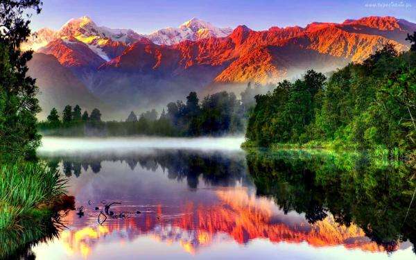 góry,jezioro,mgła,odbicie puzzle online