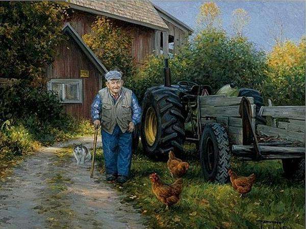 staruszek przy traktorze,pies puzzle online