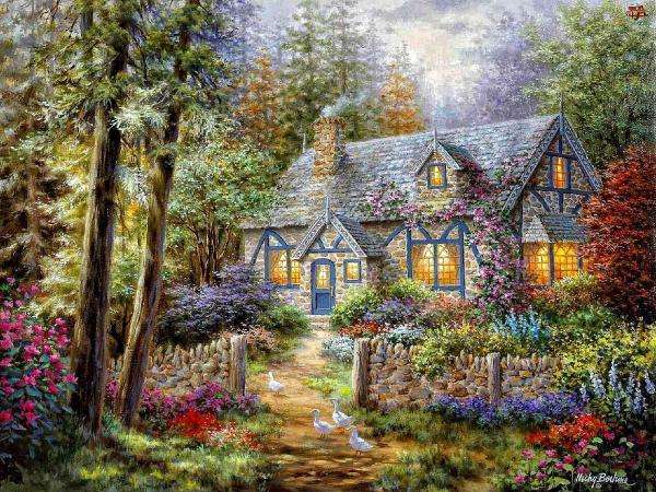 chata w ogródku w lesie puzzle online