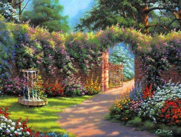 ogród,brama,zieleń,kwiaty puzzle online