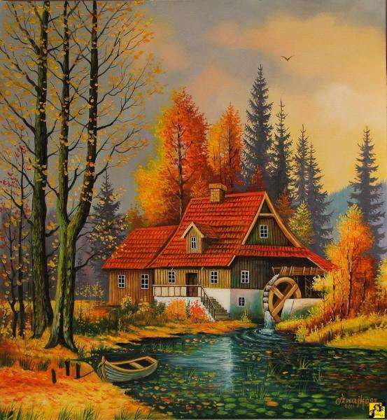 dom,rzeka,las,koło puzzle online