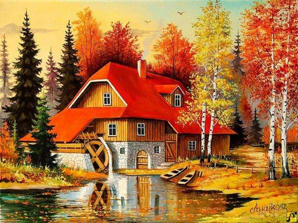 dom jesienią, drzewa,potok puzzle online