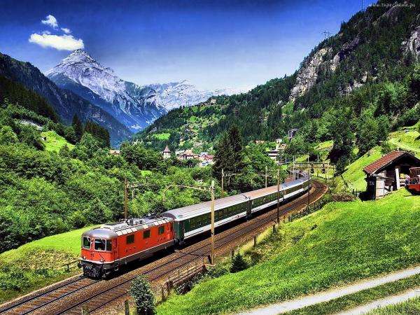 Alpy,dolina,pociąg puzzle online