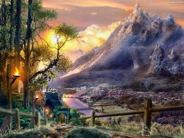 fantasy,góry,zachód słońca puzzle online