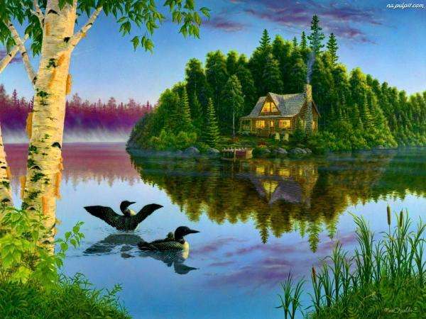 jezioro,kaczki,dom,staw puzzle online