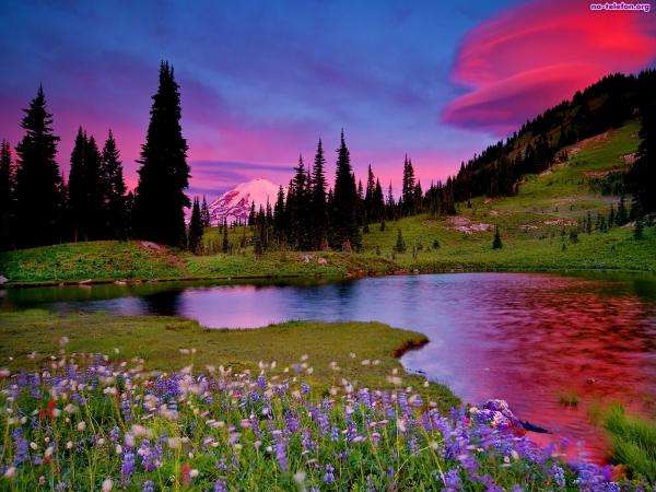 góry, kwiaty, rzeka, trawa puzzle online