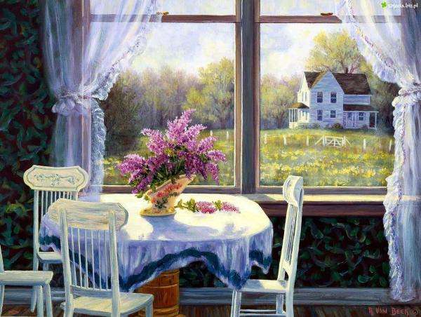 widok z okna,stół,kwiaty puzzle online