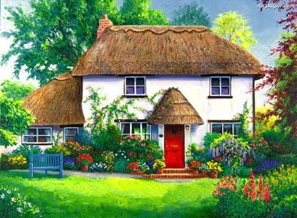 dom,trawnik,ławka puzzle online