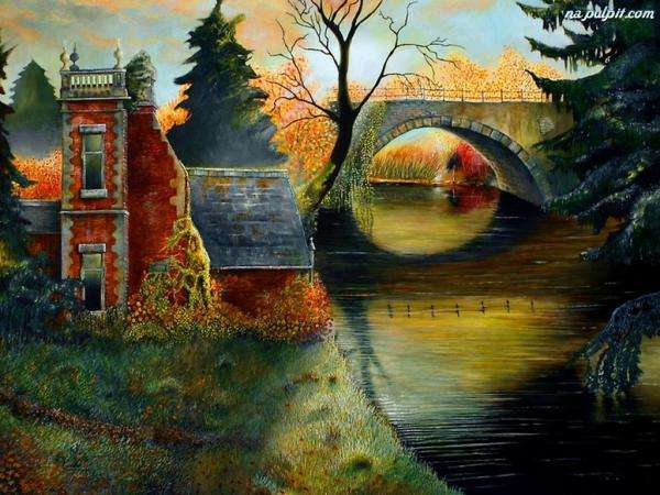 rzeka,jesień,most,dom puzzle online