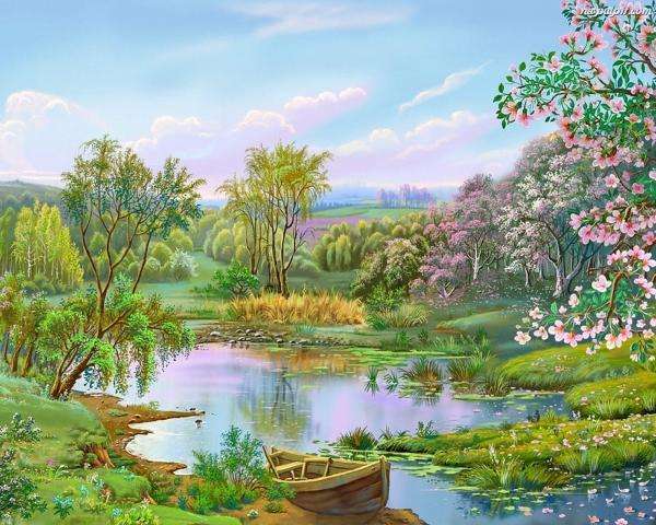 wiosna,jezioro,łąka,drzewa puzzle online
