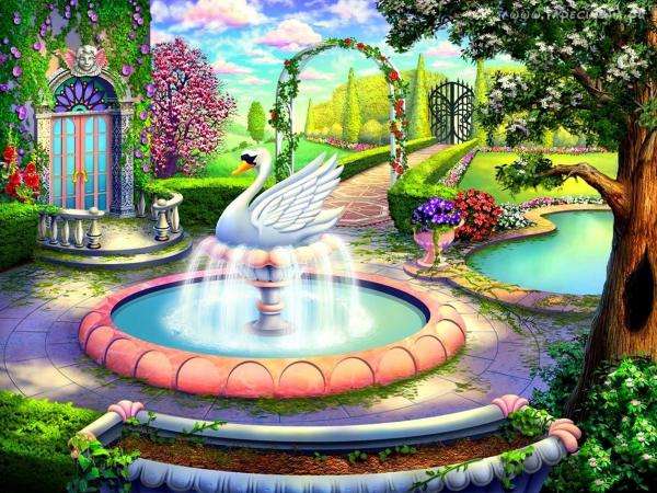 fontanna,dom,ogród,ścieżka puzzle online