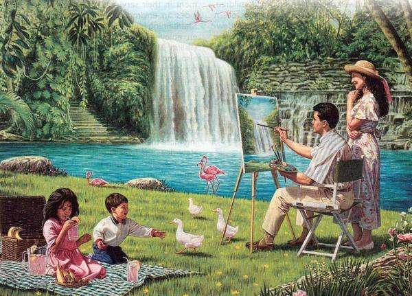 piknik,rodzina,malarz,wodospad puzzle online