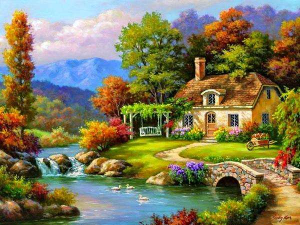 dom,rzeka,mostek,drzewa puzzle online