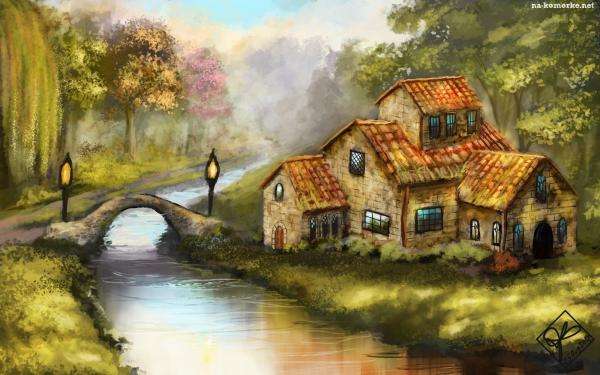 rzeka,mostek,dom,drzewa puzzle online