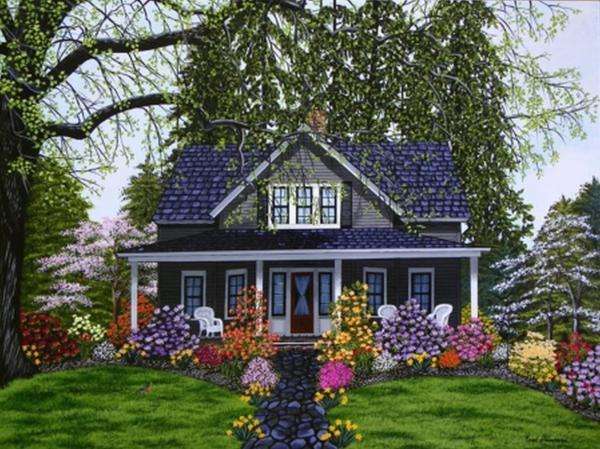 niebieski dom w ogrodzie puzzle online