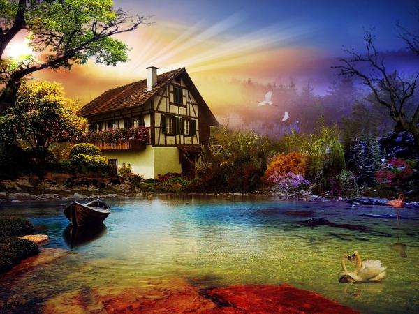 dom nad wodą,drzewa,słońce puzzle online