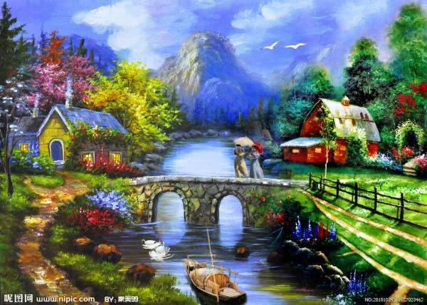 krajobraz z mostem,damami puzzle online