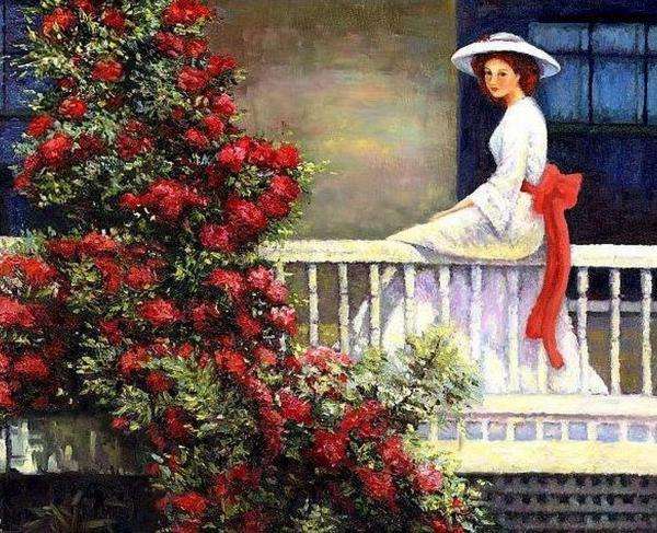 dama na balkonie,róże puzzle online