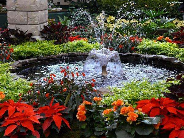 fontanna w ogródku,kwiaty puzzle online