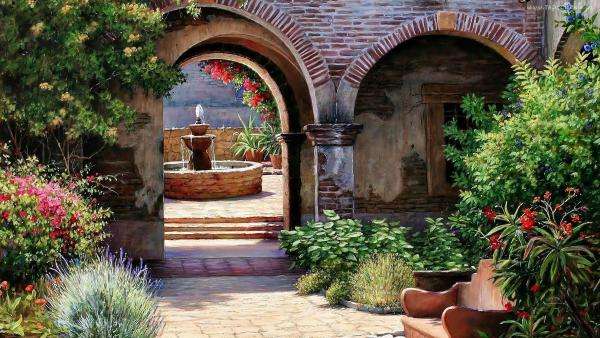 patio,ogród,fontanna,fotel puzzle online
