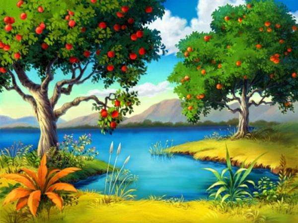 fruit trees on the river bank jigsaw puzzle
