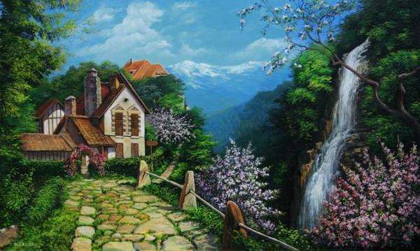 dom w górach, wodospad puzzle online