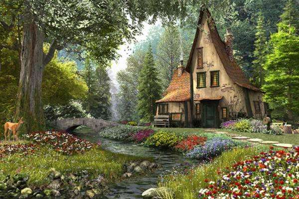 chata w lesie nad strumieniem puzzle online