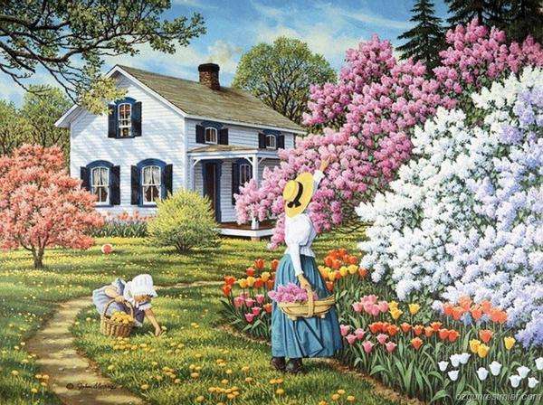 fleurs, femme, maison, enfant puzzle
