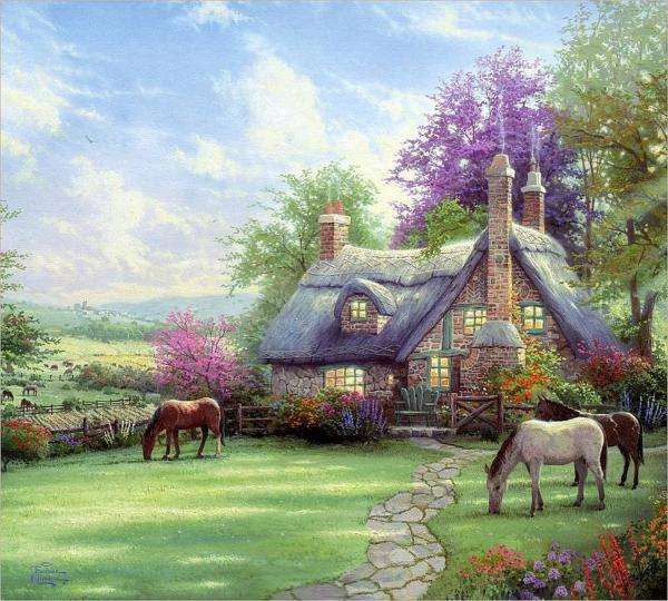 cottage, horses, lawn puzzle