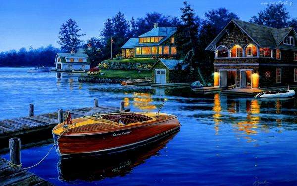 domki nad jeziorem,łódka puzzle online