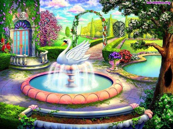 dom,ogród,fontanna,łabędź puzzle online