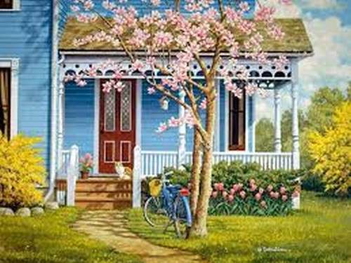 domek z kwitnącym drzewem puzzle online