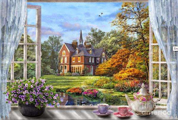 widok z okna na zamek i park puzzle online