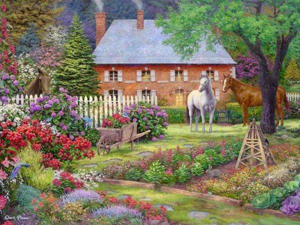 trzy konie i szarak w ogródku puzzle online