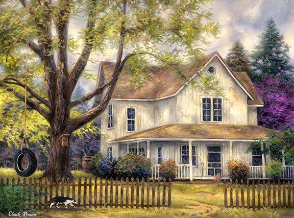 dom,drzewo,koty,opona puzzle online