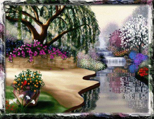 ogród wiosną, wodospad,drzewa puzzle online