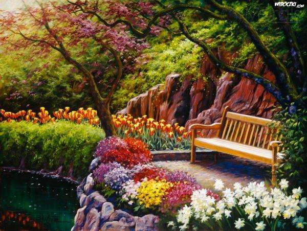 Ławka w parku wśród kwiatów puzzle online