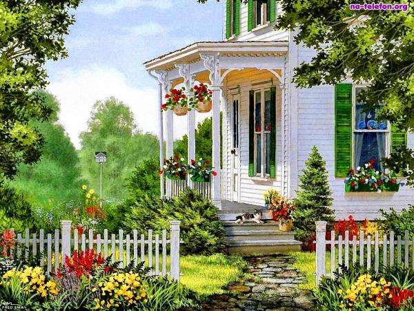 biały dom,płot,kwiaty puzzle online