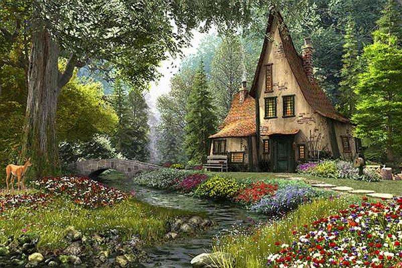 Leśny domek,strumień,sarenka puzzle online