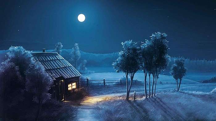 Nocny widok,księżyc,domek puzzle online