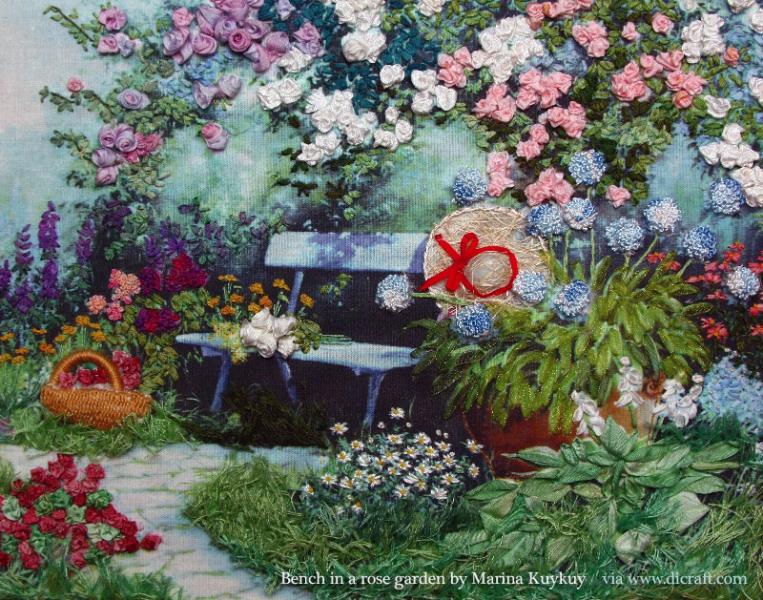 Ogród z kwiatami i ławką puzzle online