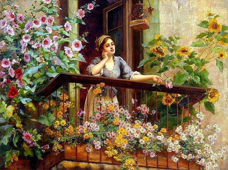 Balkon,kobieta,kwiaty puzzle online