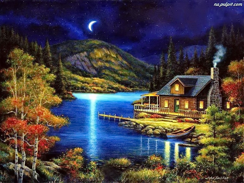 Noc,jezioro,domek,drzewa puzzle online
