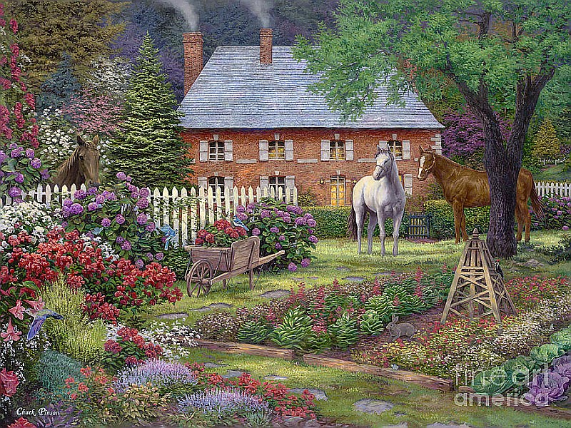 Konie w ogrodzie, dom puzzle online
